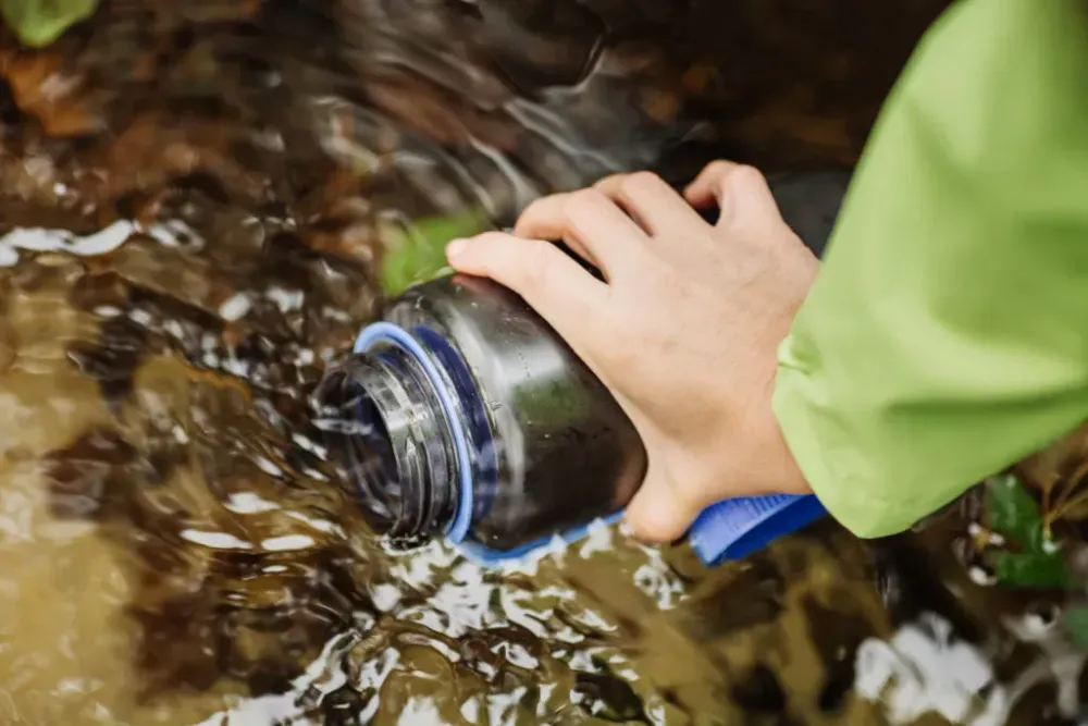 Hand filling a water bottle from a forest spring
